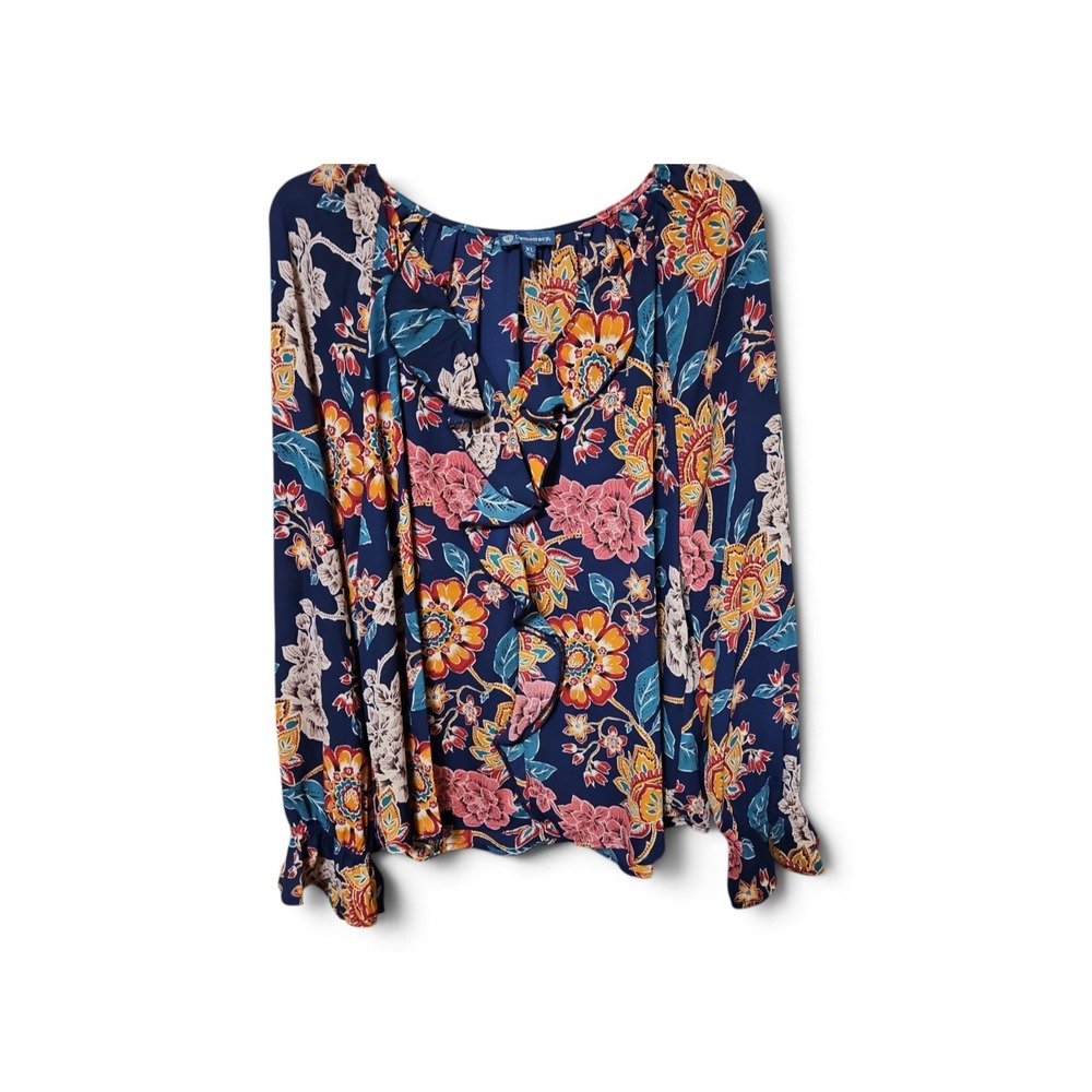 Democracy Floral Paisley Ruffle V-Neck Blouse Navy Blue Orange XL Lg Sleeve 0607